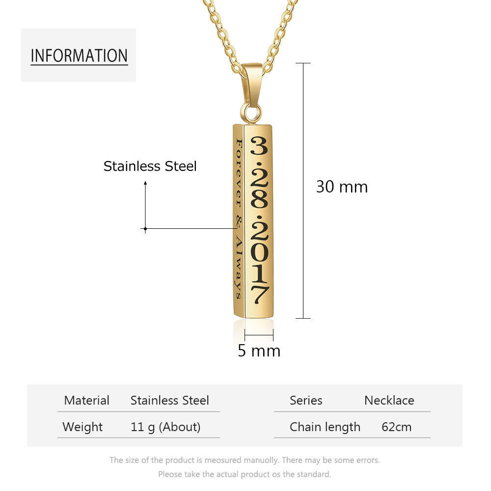 Personalized 4 Sided Bar Necklace - Engraved on 4 Sides - 4 Colors Available