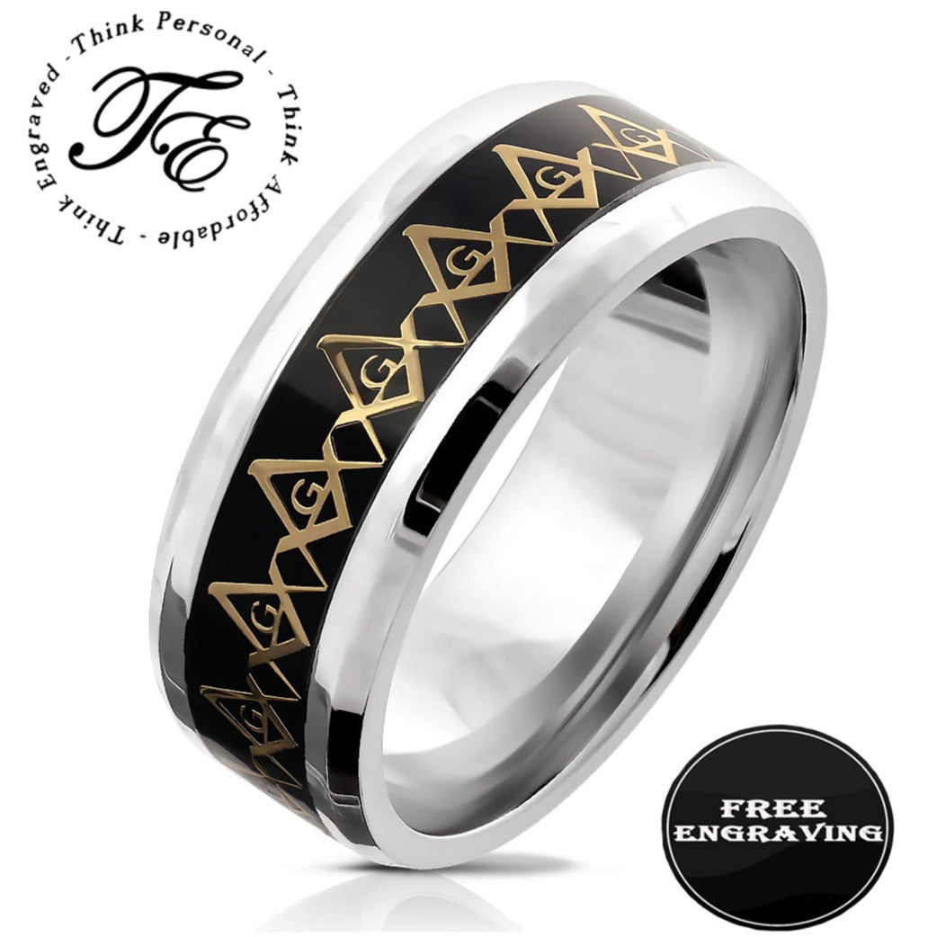 Personalized Black Gold Masonic Compass Ring Engraved Mason Ring