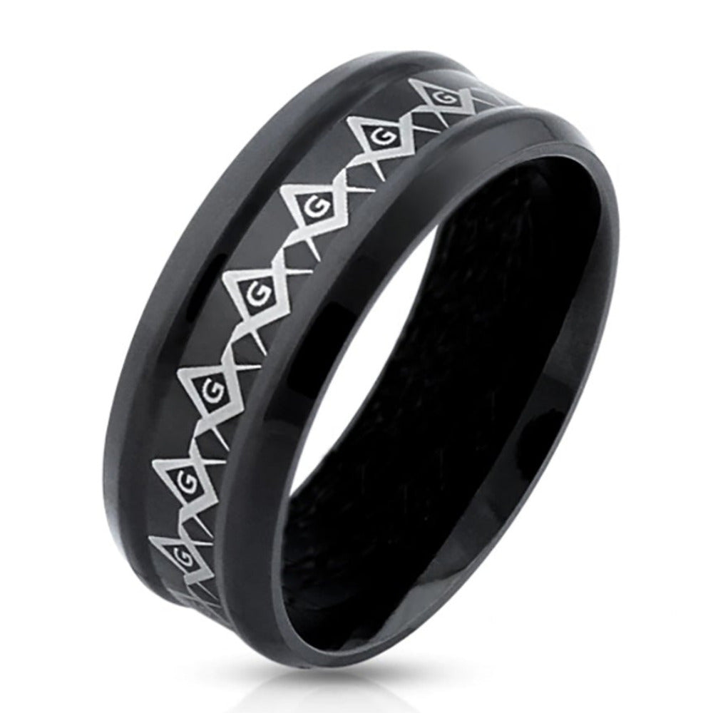 Personalized Black Grooved Masonic Compass Ring Engraved Free Mason