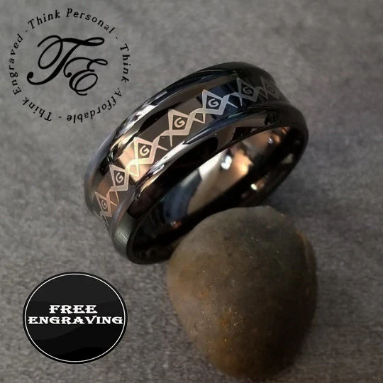 Personalized Black Grooved Masonic Compass Ring Engraved Free Mason