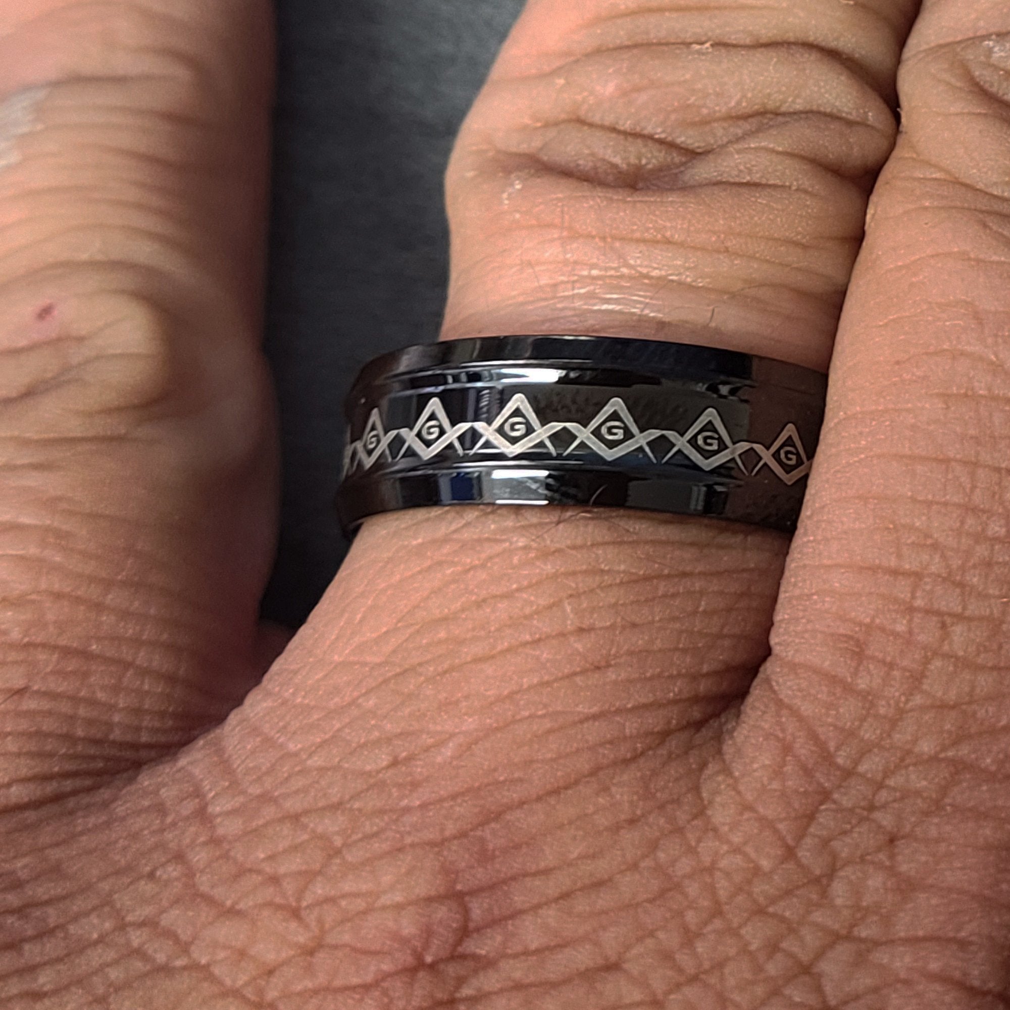 Personalized Black Grooved Masonic Compass Ring Engraved Free Mason