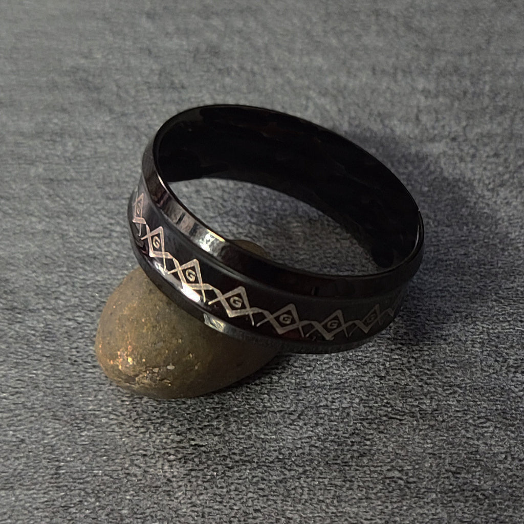 Personalized Black Grooved Masonic Compass Ring Engraved Free Mason
