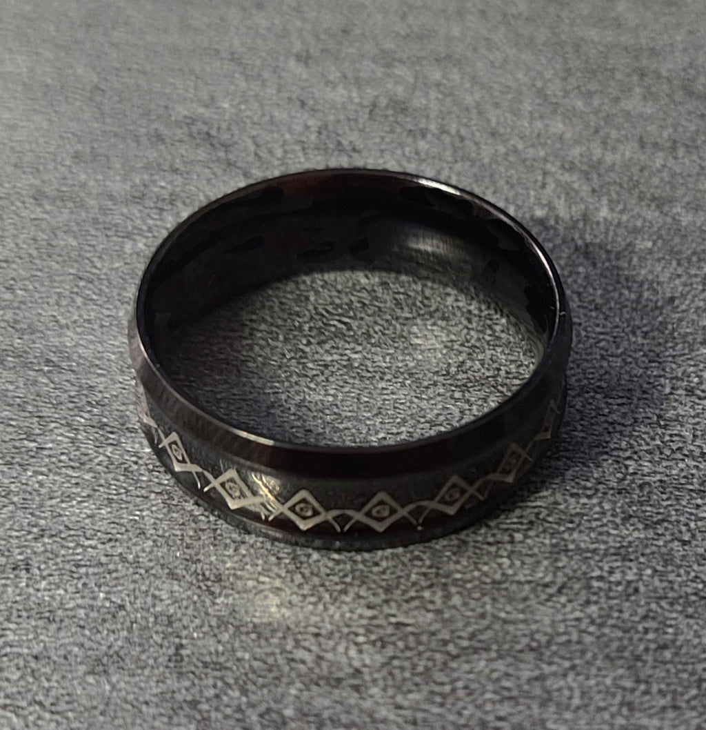 Personalized Black Grooved Masonic Compass Ring Engraved Free Mason