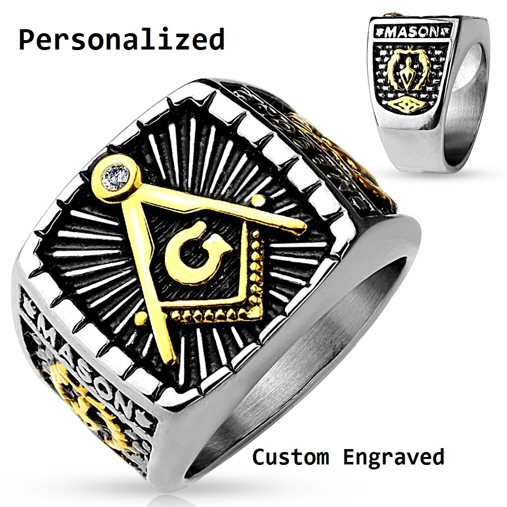 Personalized Ornate Free Mason Compass Ring Engraved Masonic Ring