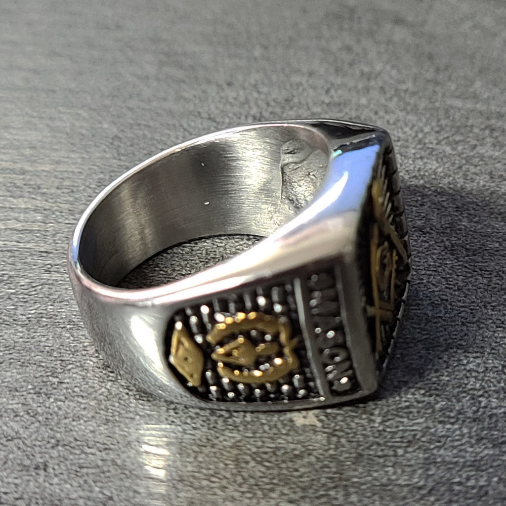 Personalized Ornate Free Mason Compass Ring Engraved Masonic Ring