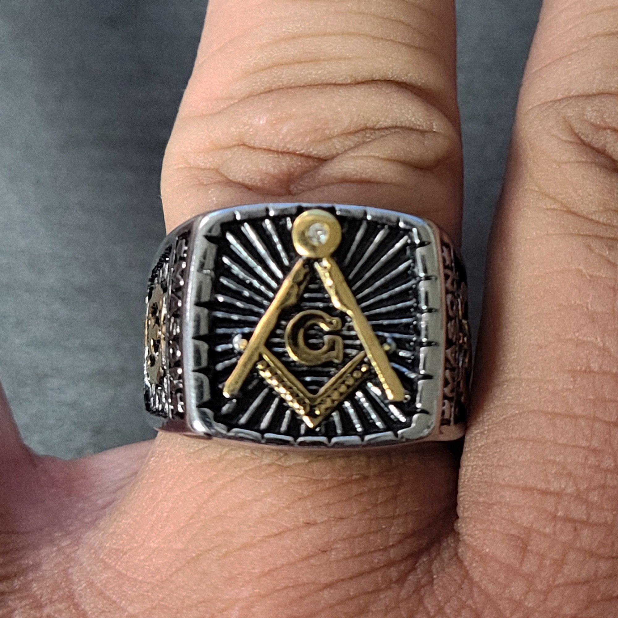 Personalized Ornate Free Mason Compass Ring Engraved Masonic Ring
