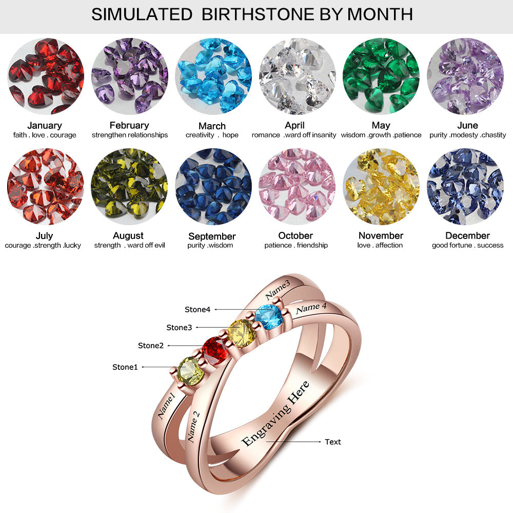 4 Birthstone Gold Mother's Ring Lined Hearts Split Band 4 Names