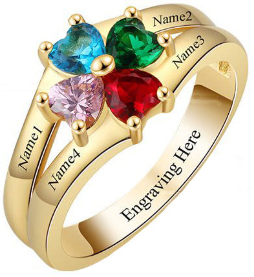 4 Heart Birthstone Mother's Ring 14k Gold Flower Flower Design