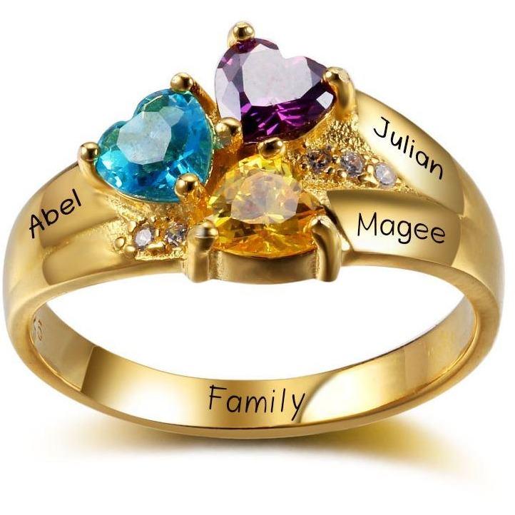 Personalized Gold Mother's Ring 3 Birthstones Three Loves 3 Names