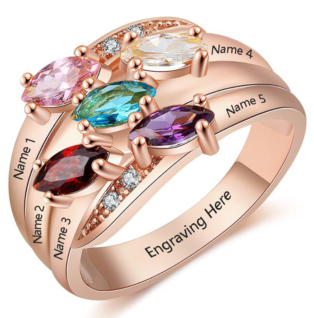 Personalized Mother's Ring 5 Marquis Birthstones Rose Gold IP