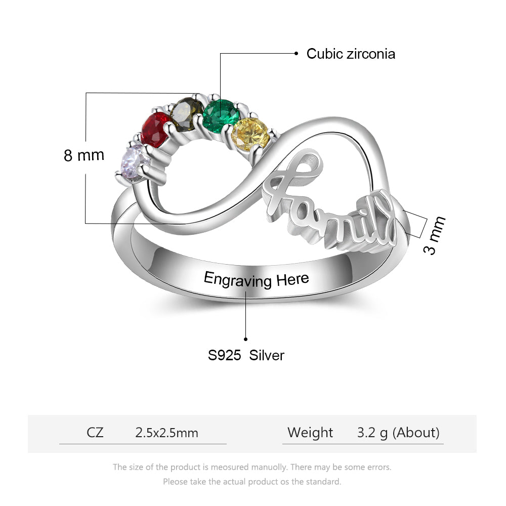 Personalized 5 Birthstone Mother's Infinity Ring Family 5 Engraved Names