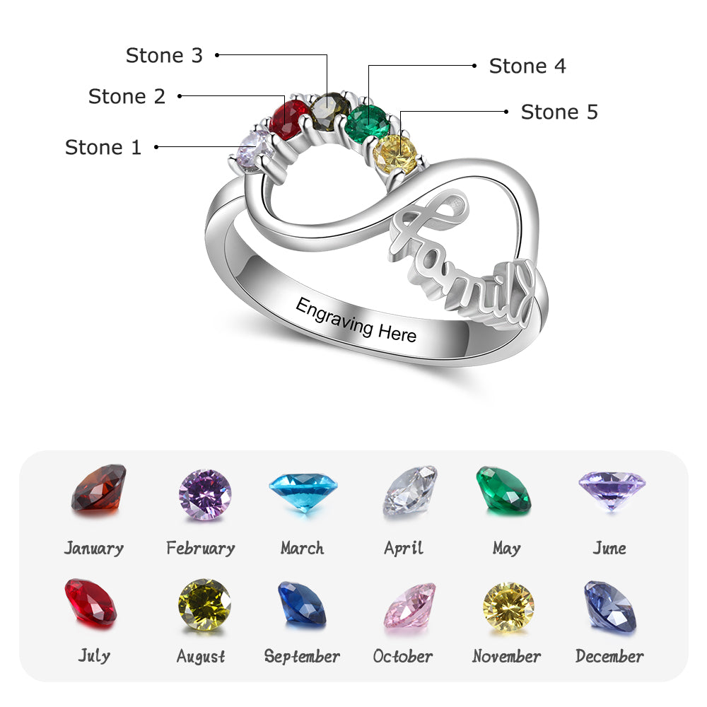 Personalized 5 Birthstone Mother's Infinity Ring Family 5 Engraved Names