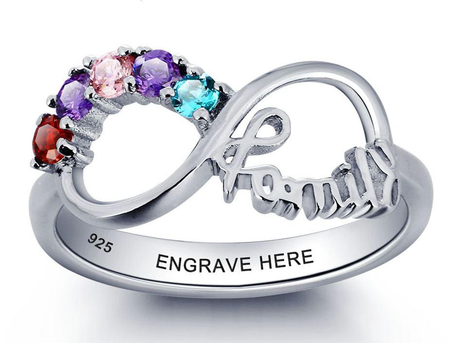 Personalized 5 Birthstone Mother's Infinity Ring Family 5 Engraved Names