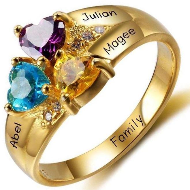 Personalized Gold Mother's Ring 3 Birthstones Three Loves 3 Names