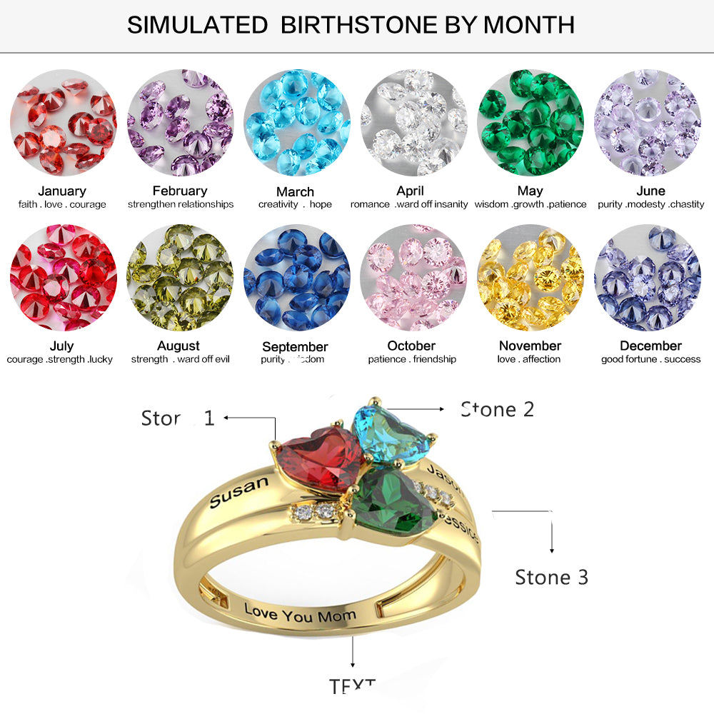 Personalized Gold Mother's Ring 3 Birthstones Three Loves 3 Names