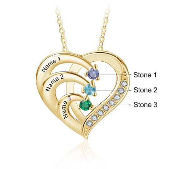 3 Birthstone Heart Name Necklace - Birthstone Heart Mother's Necklace