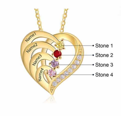 4 Birthstone Heart Name Necklace - Birthstone Heart Mother's Necklace