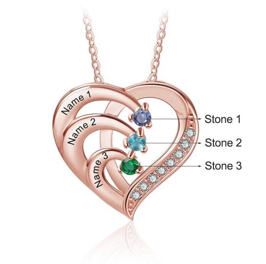 3 Birthstone Heart Name Necklace - Birthstone Heart Mother's Necklace