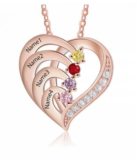 4 Birthstone Heart Name Necklace - Birthstone Heart Mother's Necklace