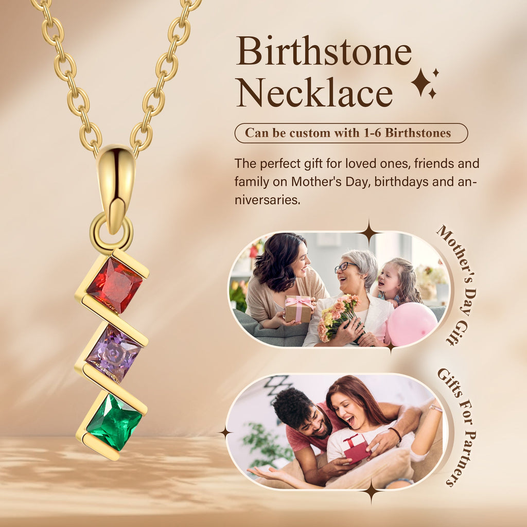 3 Birthstone Elegant Square Stone Mother's Necklace