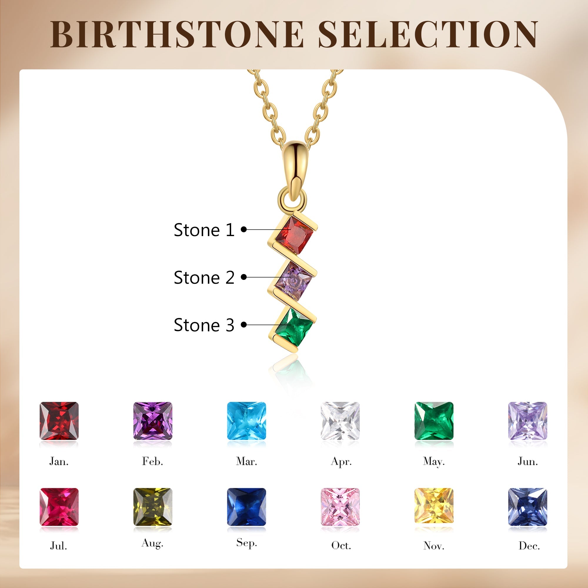 3 Birthstone Elegant Square Stone Mother's Necklace