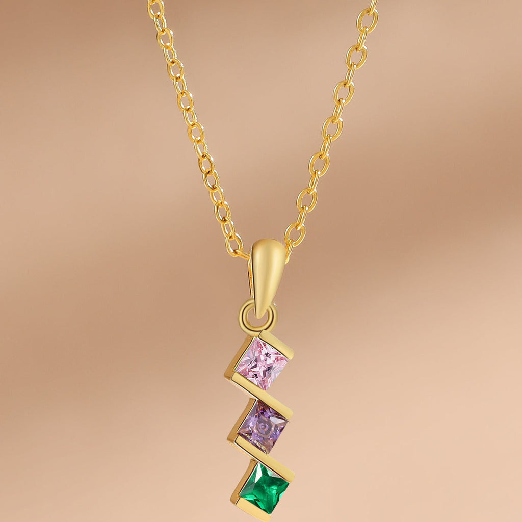 3 Birthstone Elegant Square Stone Mother's Necklace