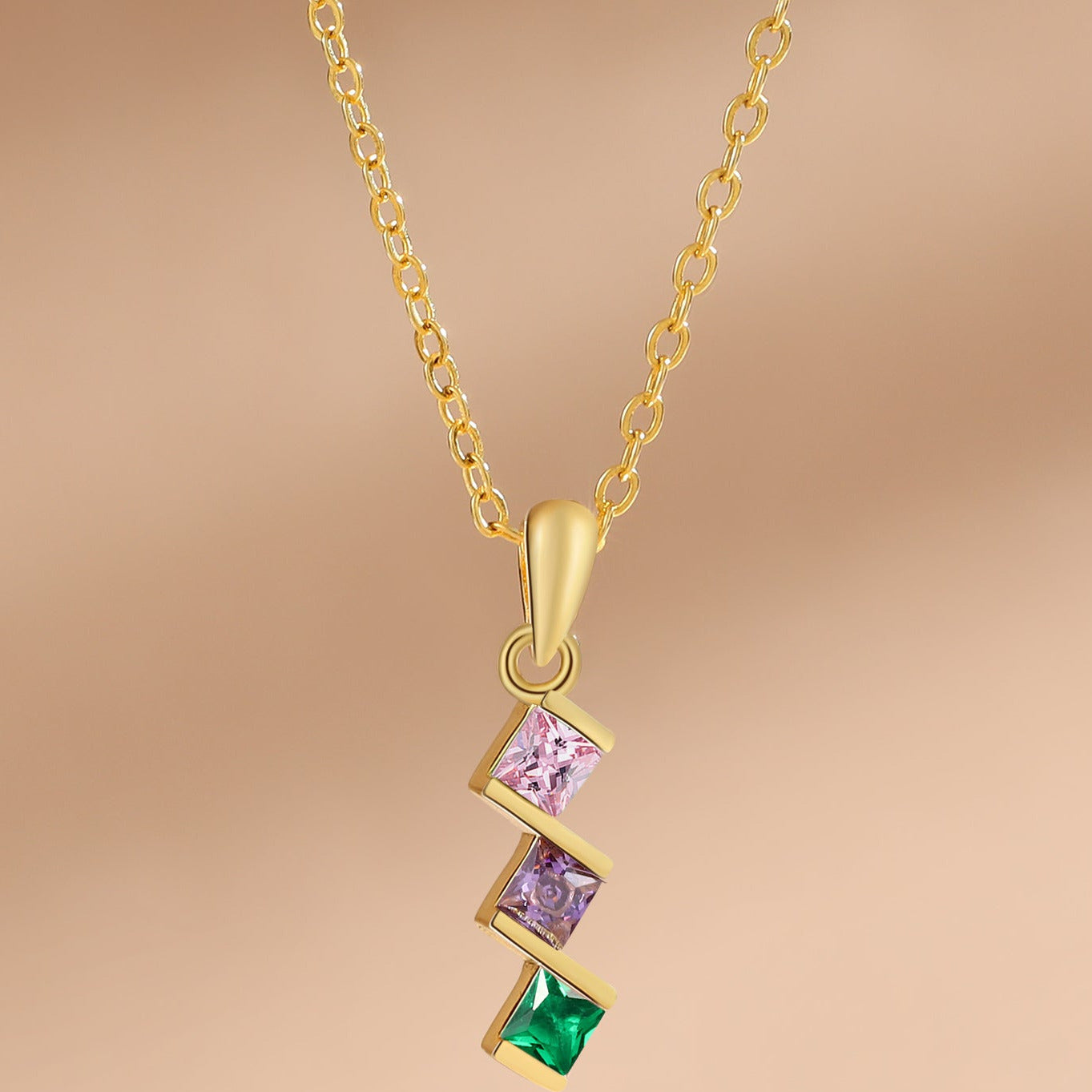 3 Birthstone Elegant Square Stone Mother's Necklace