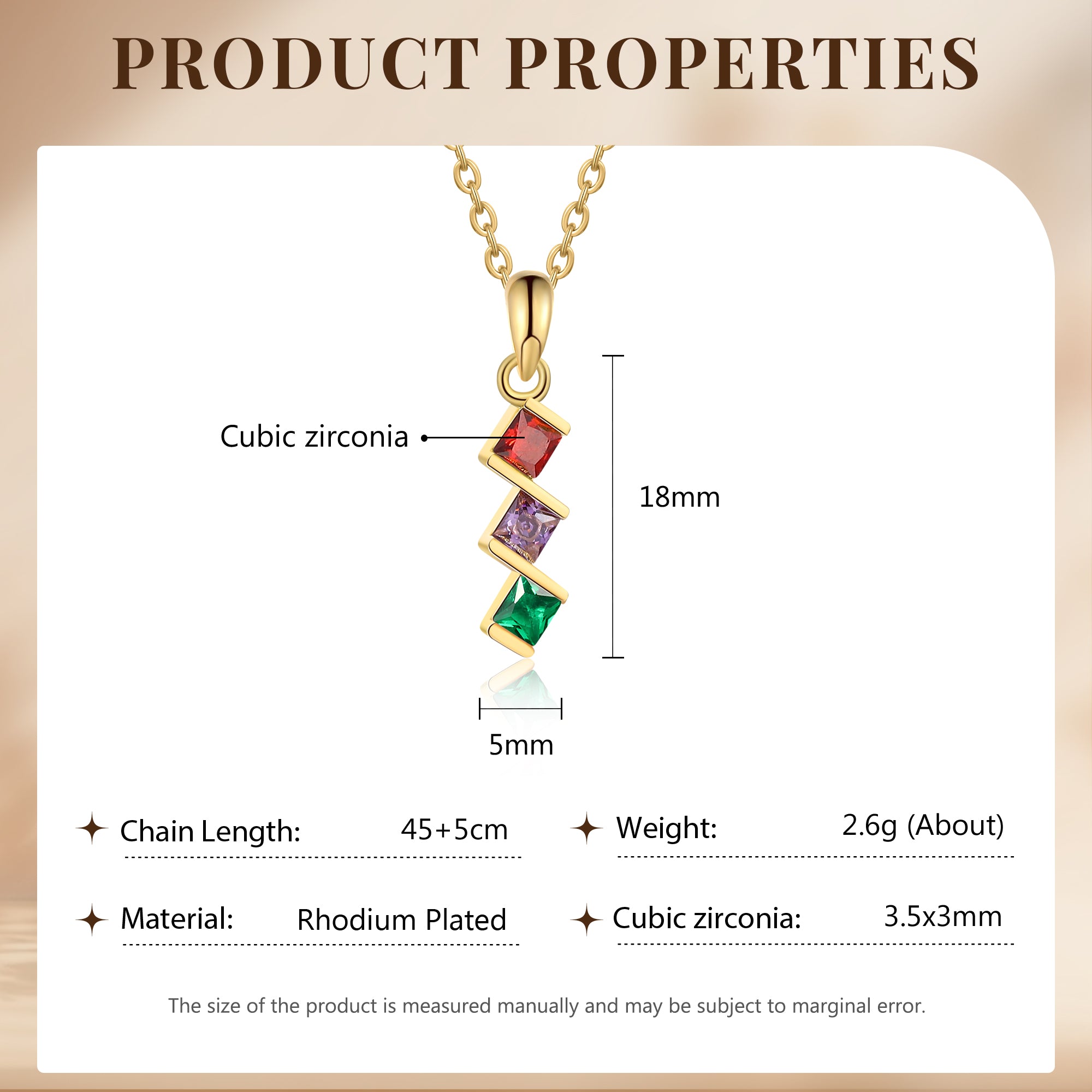 3 Birthstone Elegant Square Stone Mother's Necklace