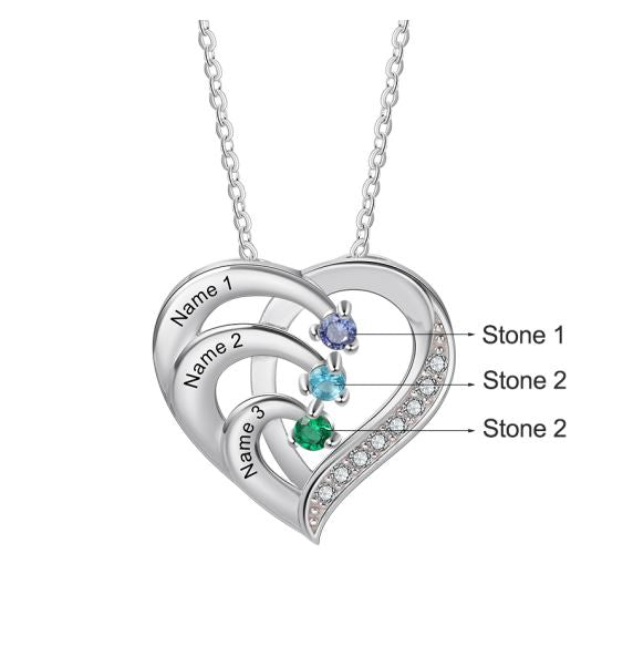 3 Birthstone Heart Name Necklace - Birthstone Heart Mother's Necklace