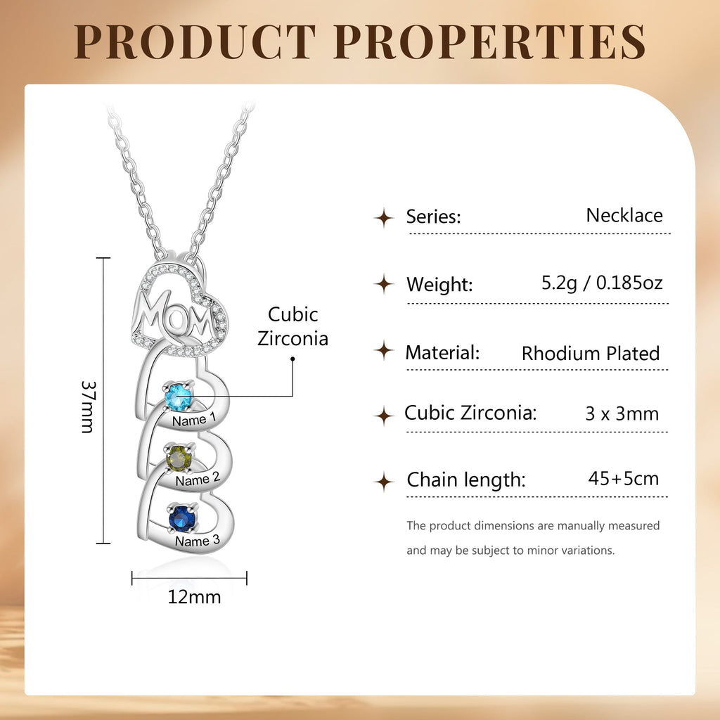3 Stone Mom's Hearts Necklace: Personalized Silver Mother's Pendant