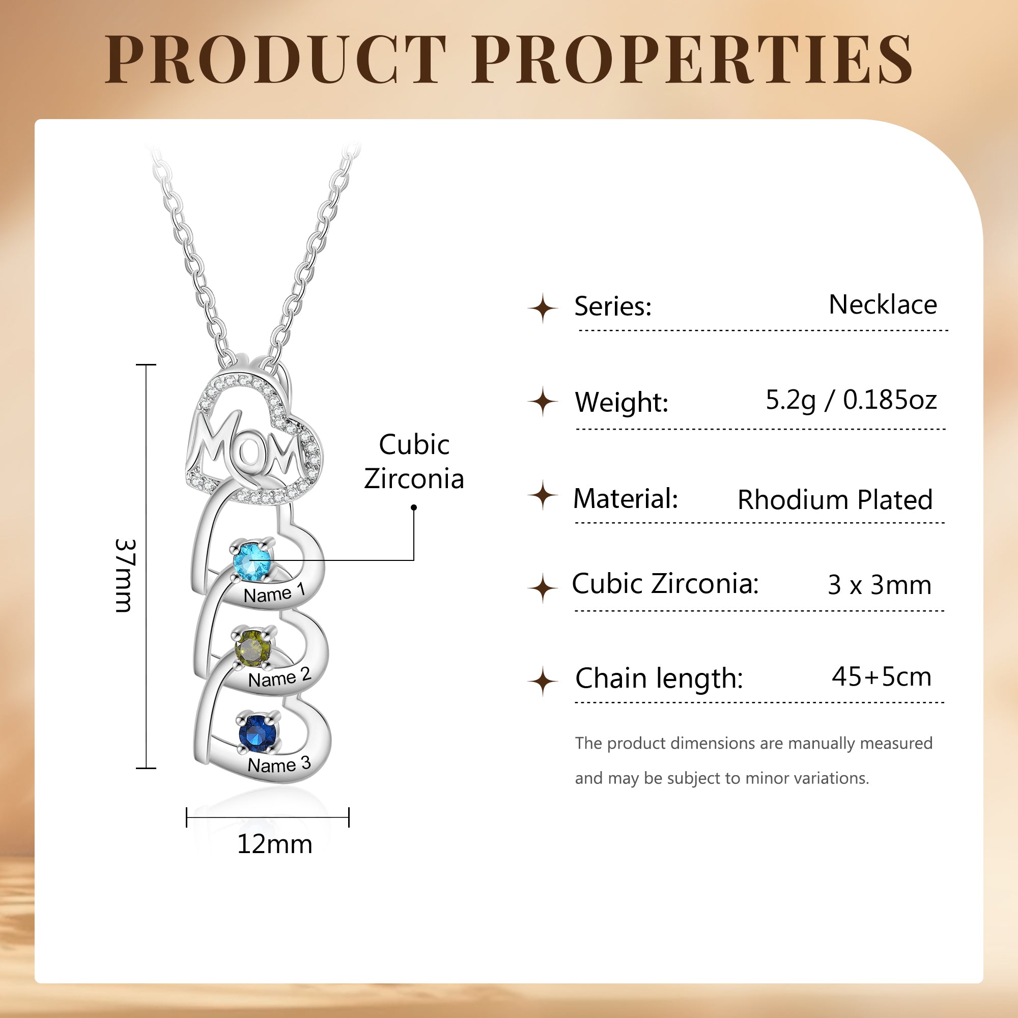 3 Stone Mom's Hearts Necklace: Personalized Silver Mother's Pendant