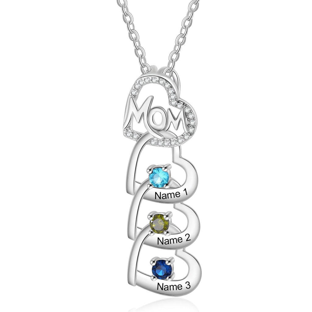 3 Stone Mom's Hearts Necklace: Personalized Silver Mother's Pendant
