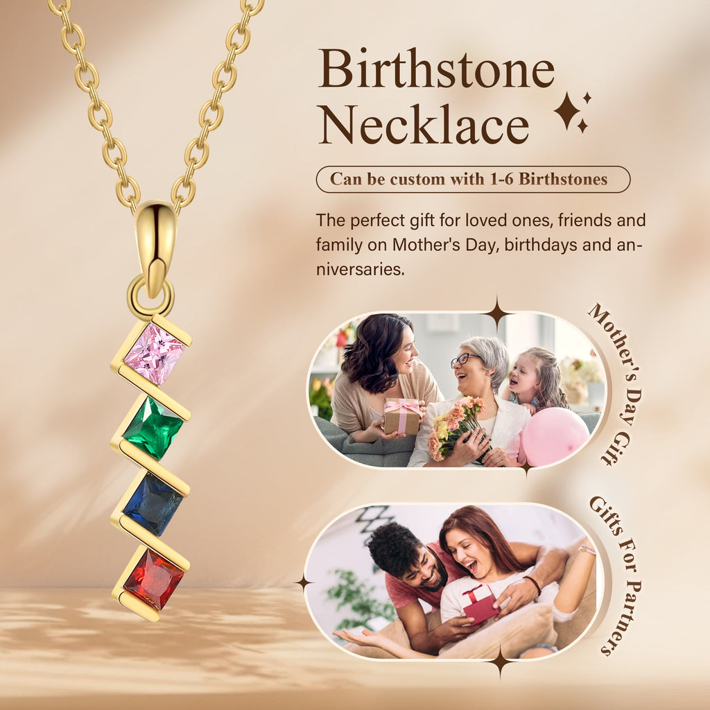 4 Birthstone Elegant Square Stone Mother's Necklace