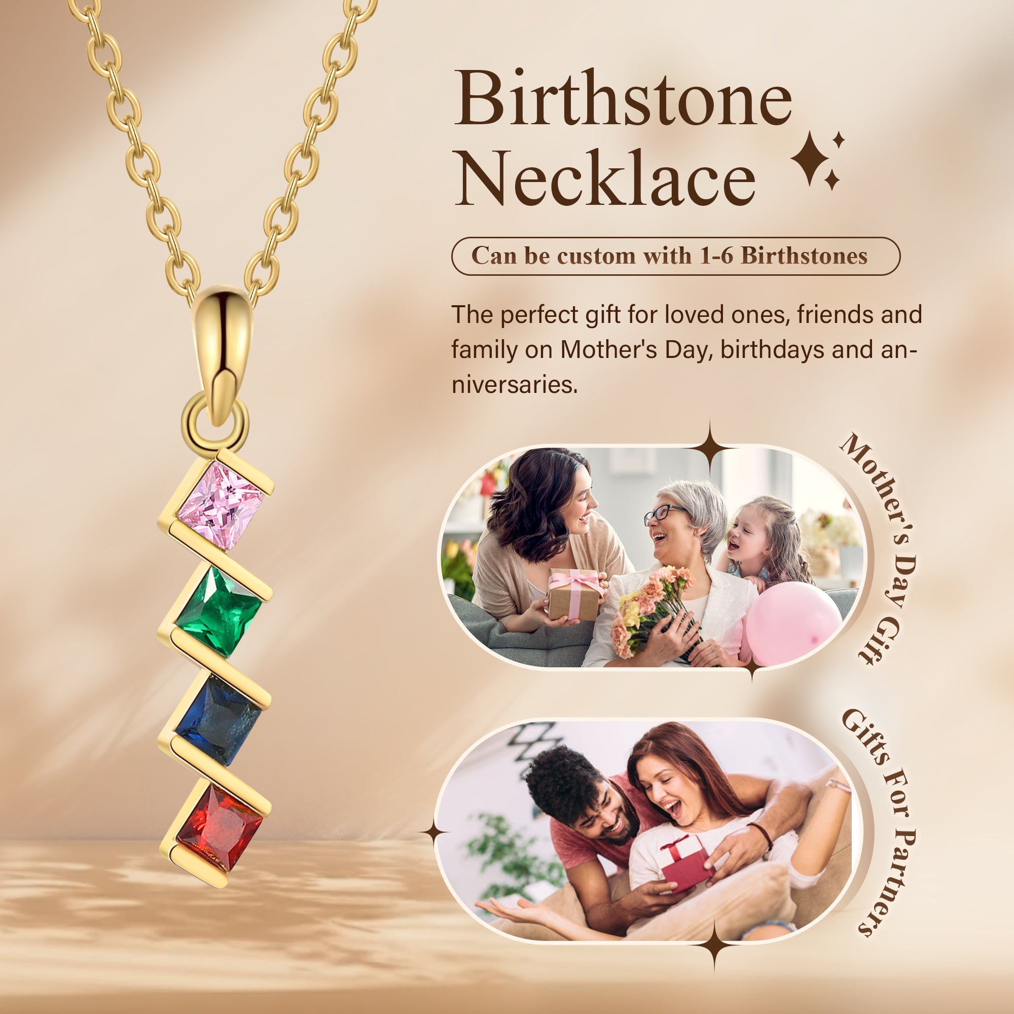 4 Birthstone Elegant Square Stone Mother's Necklace
