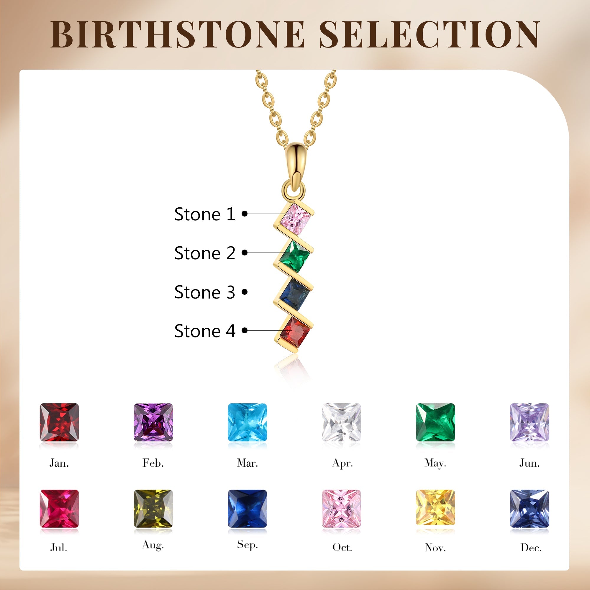 4 Birthstone Elegant Square Stone Mother's Necklace