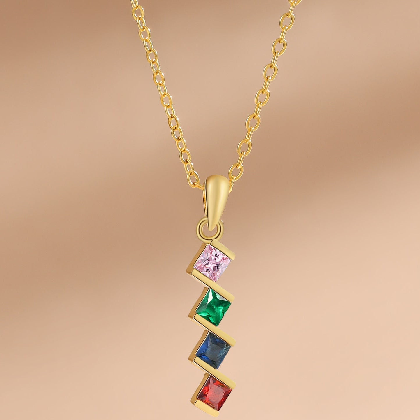 4 Birthstone Elegant Square Stone Mother's Necklace