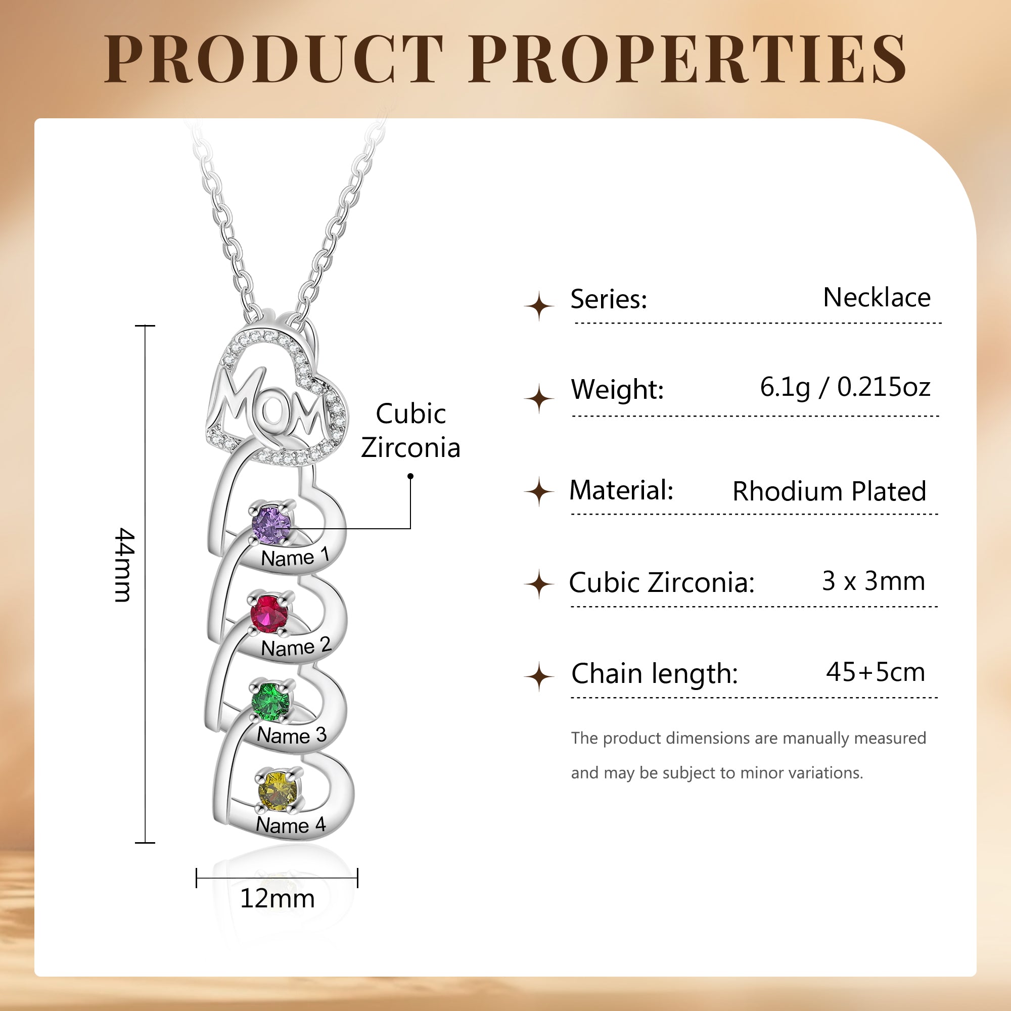 4 Mom's Hearts Mother's Necklace 4 Birthstones 4 Engraved Names