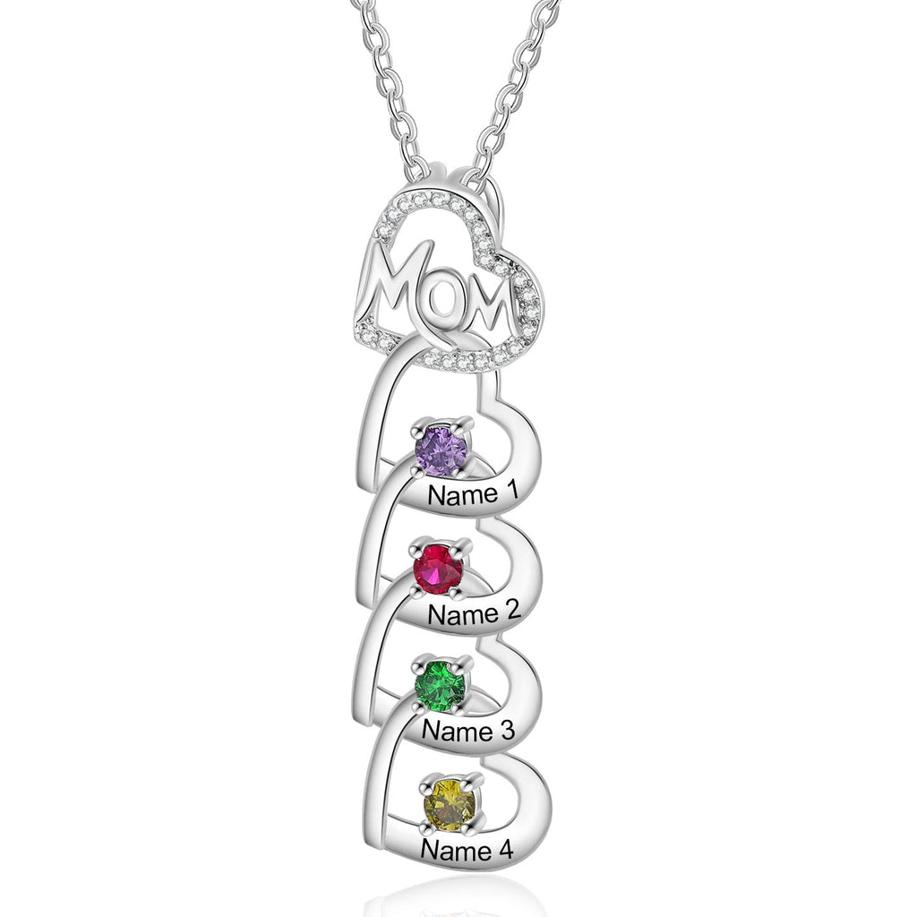 4 Mom's Hearts Mother's Necklace 4 Birthstones 4 Engraved Names