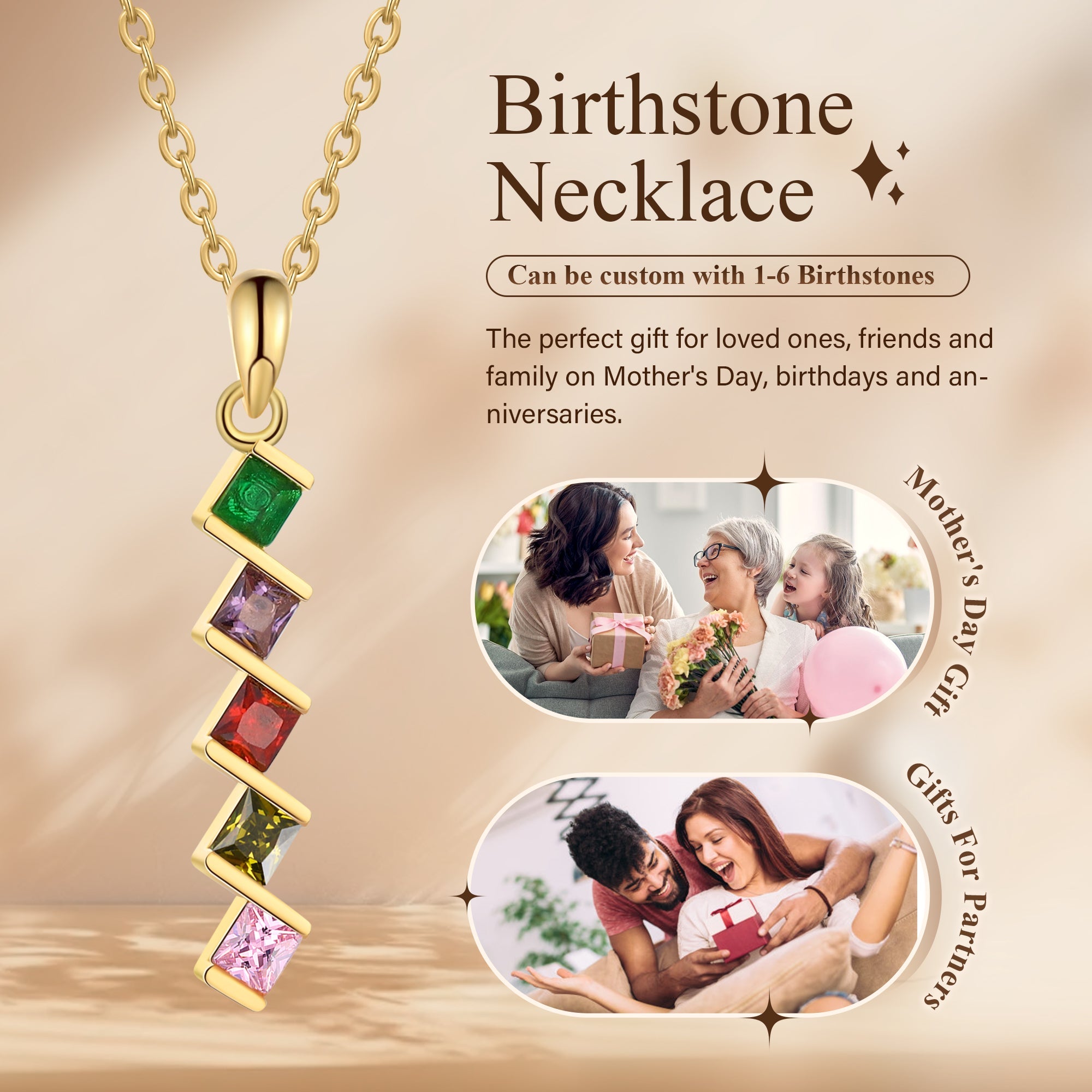 5 Birthstone Elegant Square Stone Mother's Necklace