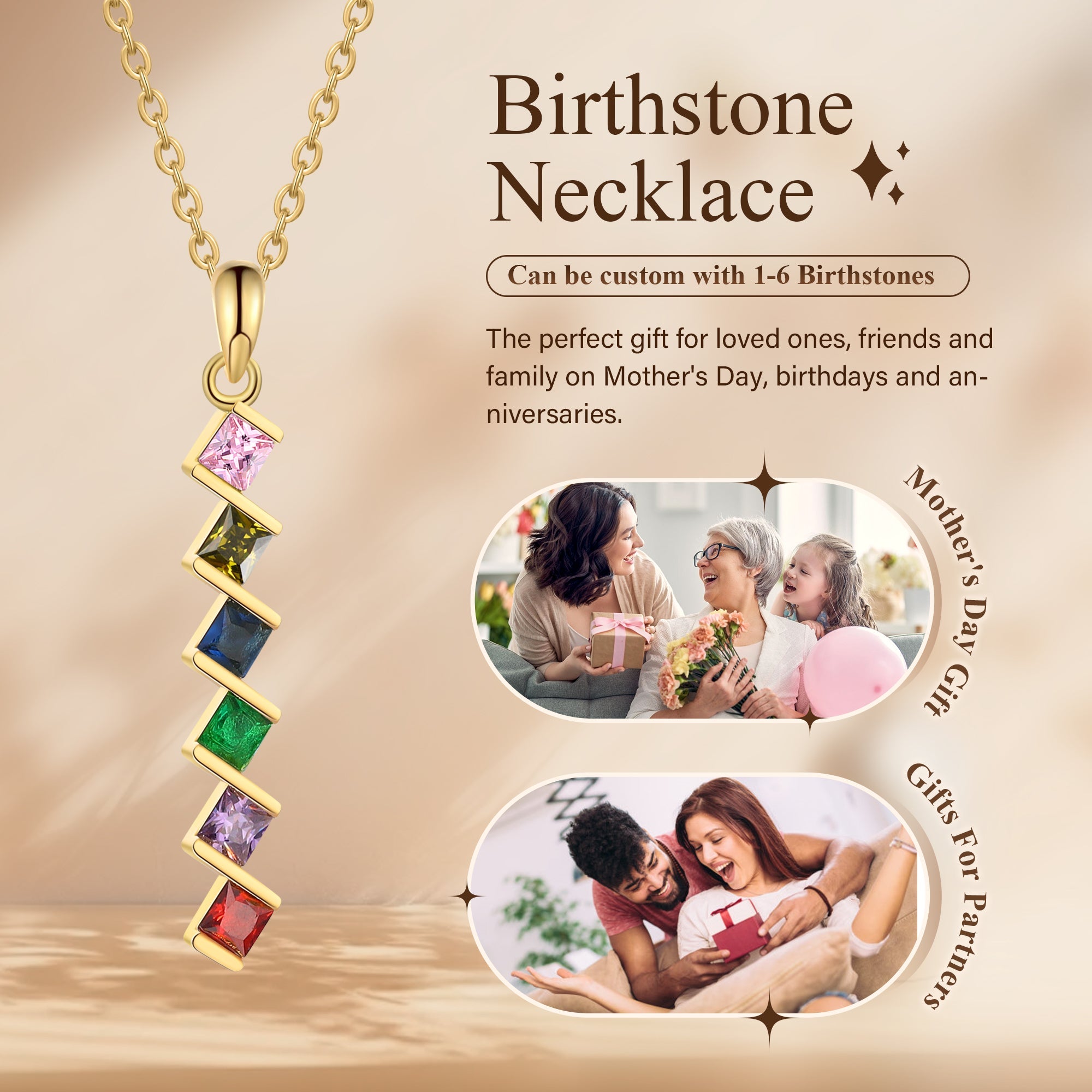 6 Birthstone Elegant Square Stone Mother's Necklace