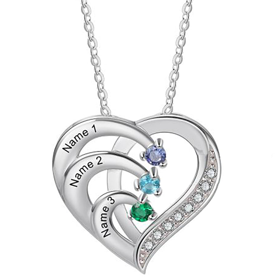 3 Birthstone Heart Name Necklace - Birthstone Heart Mother's Necklace