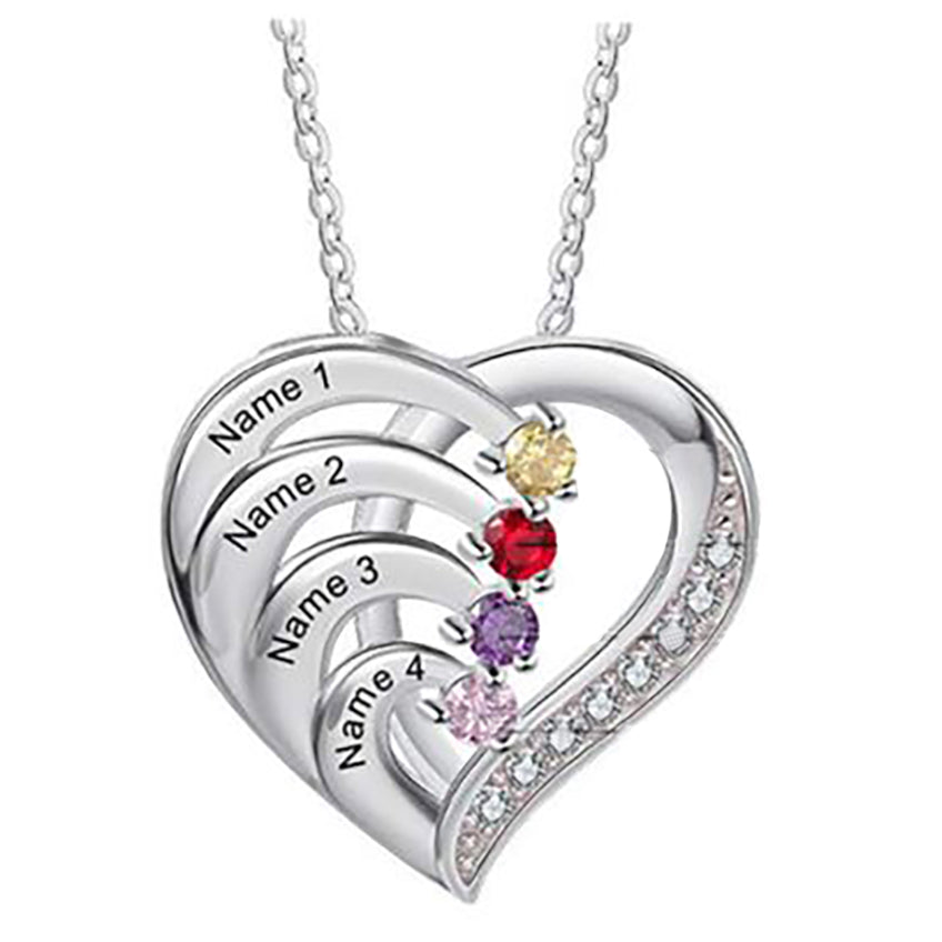 4 Birthstone Heart Name Necklace - Birthstone Heart Mother's Necklace