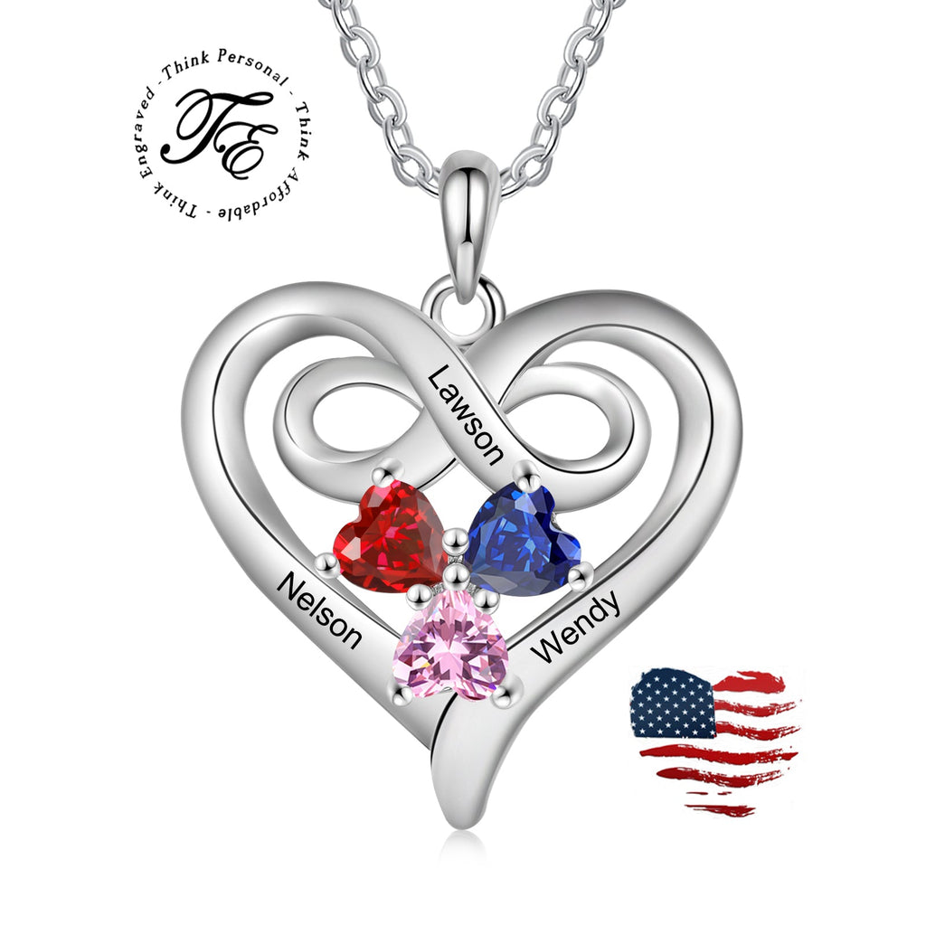 Custom 3 Stone Infinity Heart Necklace: Personalized Stainless Steel Mother's Pendant