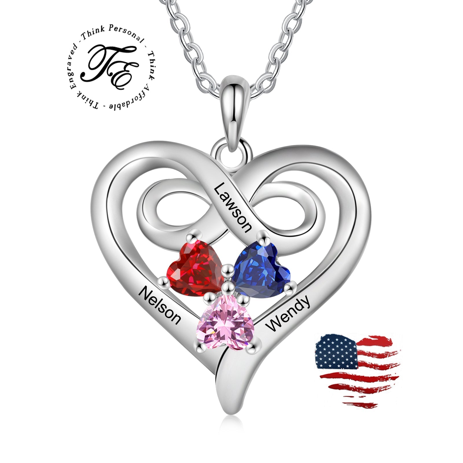Custom 3 Stone Infinity Heart Necklace: Personalized Stainless Steel Mother's Pendant
