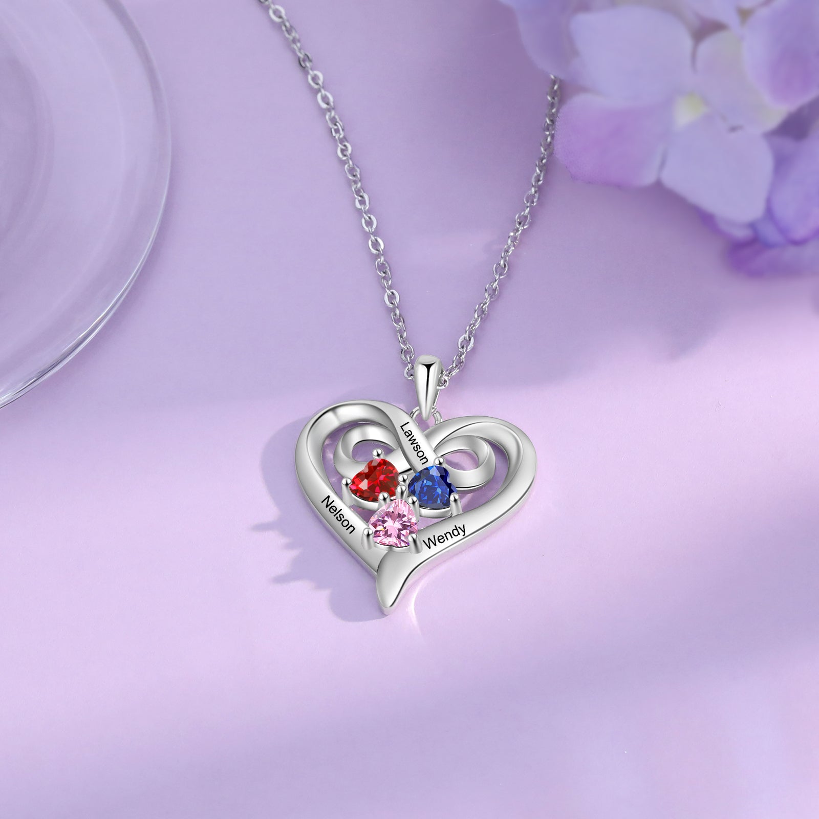 Custom 3 Stone Infinity Heart Necklace: Personalized Stainless Steel Mother's Pendant