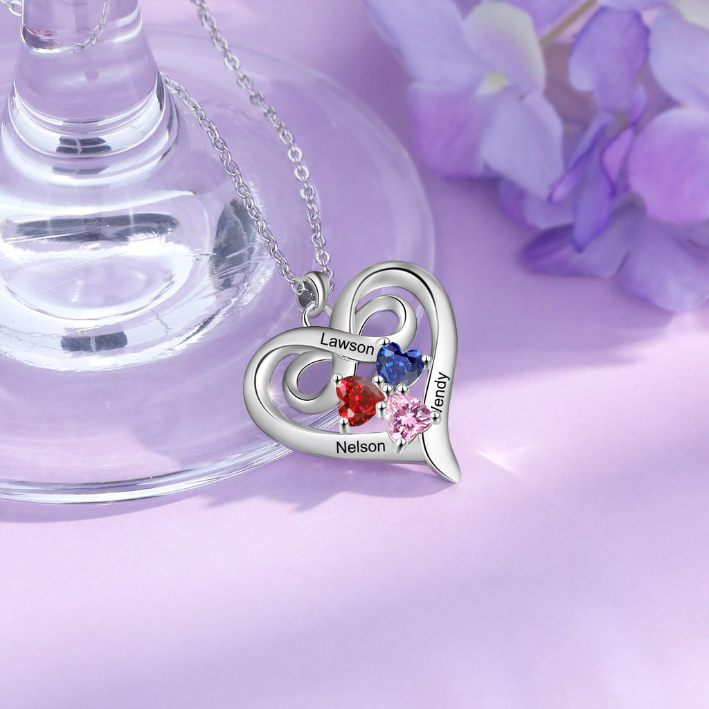 Custom 3 Stone Infinity Heart Necklace: Personalized Stainless Steel Mother's Pendant