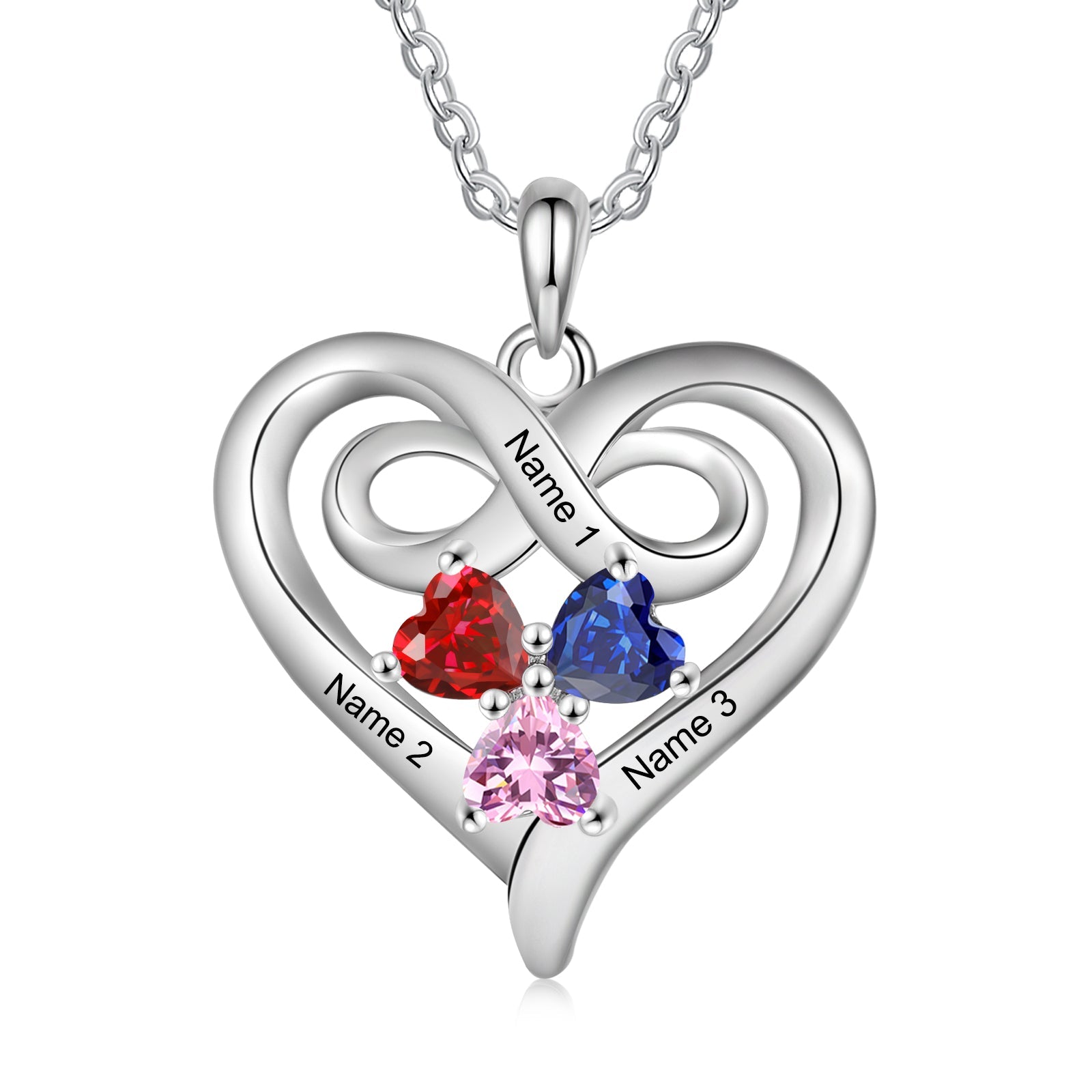 Custom 3 Stone Infinity Heart Necklace: Personalized Stainless Steel Mother's Pendant