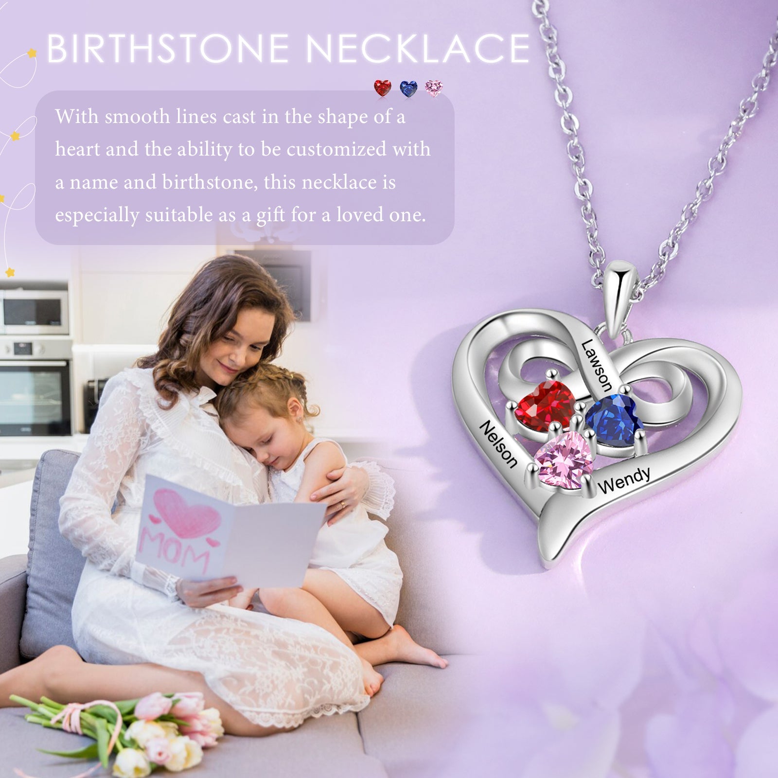 Custom 3 Stone Infinity Heart Necklace: Personalized Stainless Steel Mother's Pendant