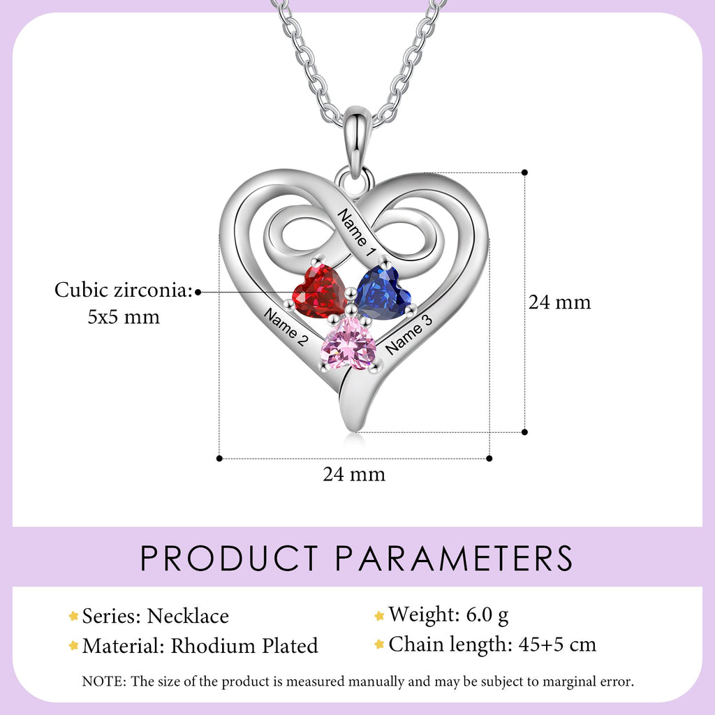 Custom 3 Stone Infinity Heart Necklace: Personalized Stainless Steel Mother's Pendant