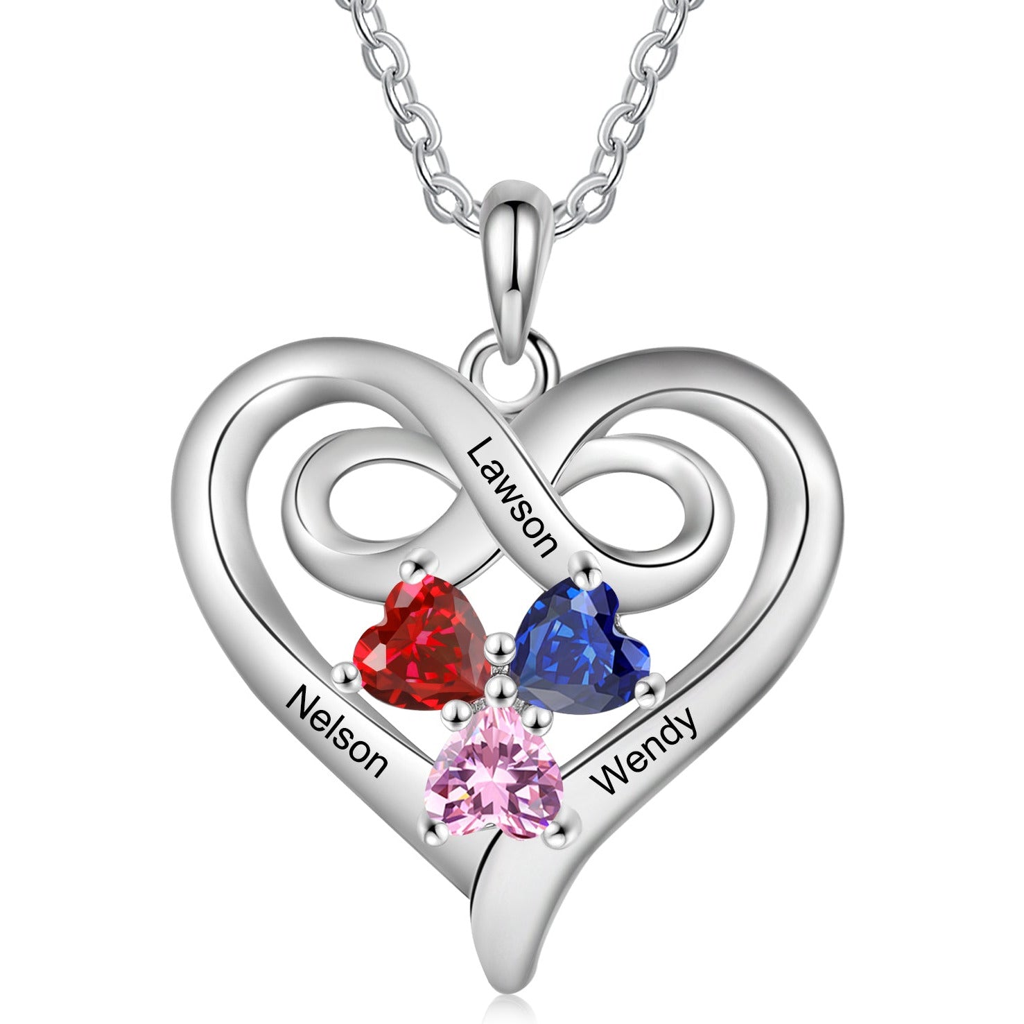 Custom 3 Stone Infinity Heart Necklace: Personalized Stainless Steel Mother's Pendant